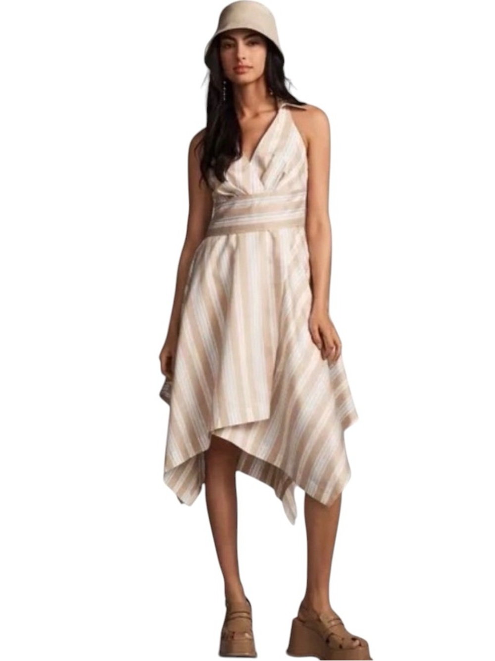 NWT Anthropologie Maeve halter Striped Dress iBeige White blue asymmetric hem 6
